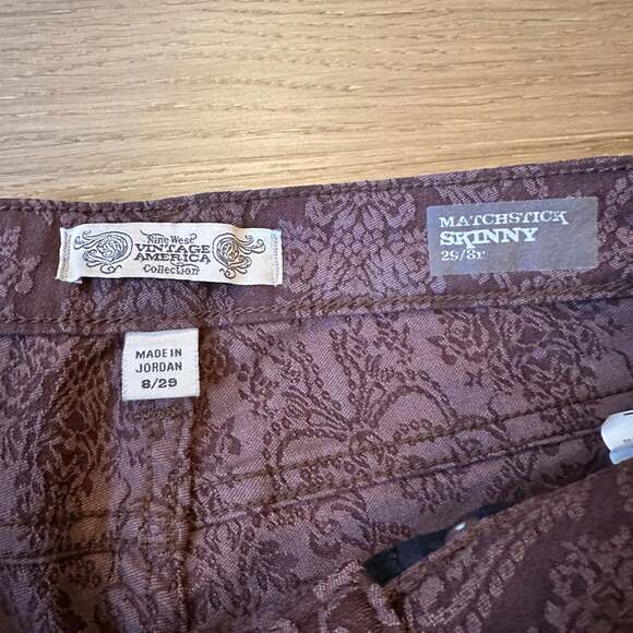 NWT’s Vintage America Blues Brown Damask Floral Brocade Matchstick Skinny Jeans - Picture 5 of 9
